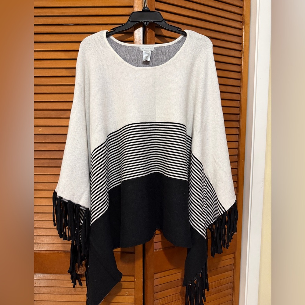 Multiples Black and White Striped Poncho with Fringe Sleeves size 2X/3X.